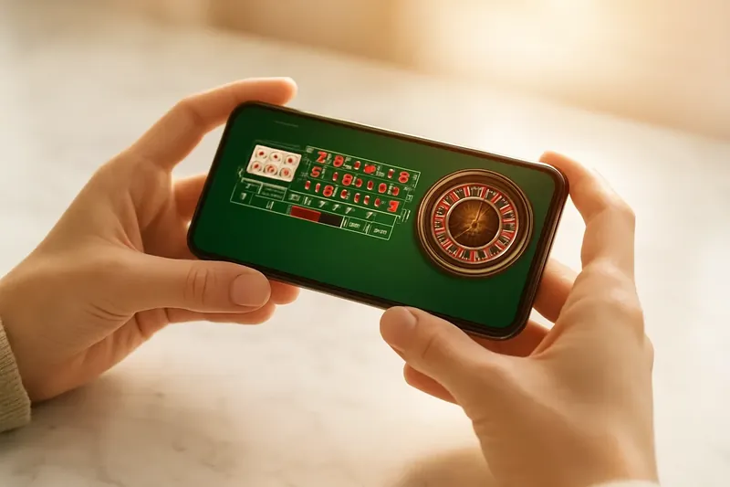 Close-up hands holding smartphone with casino app on marble surface