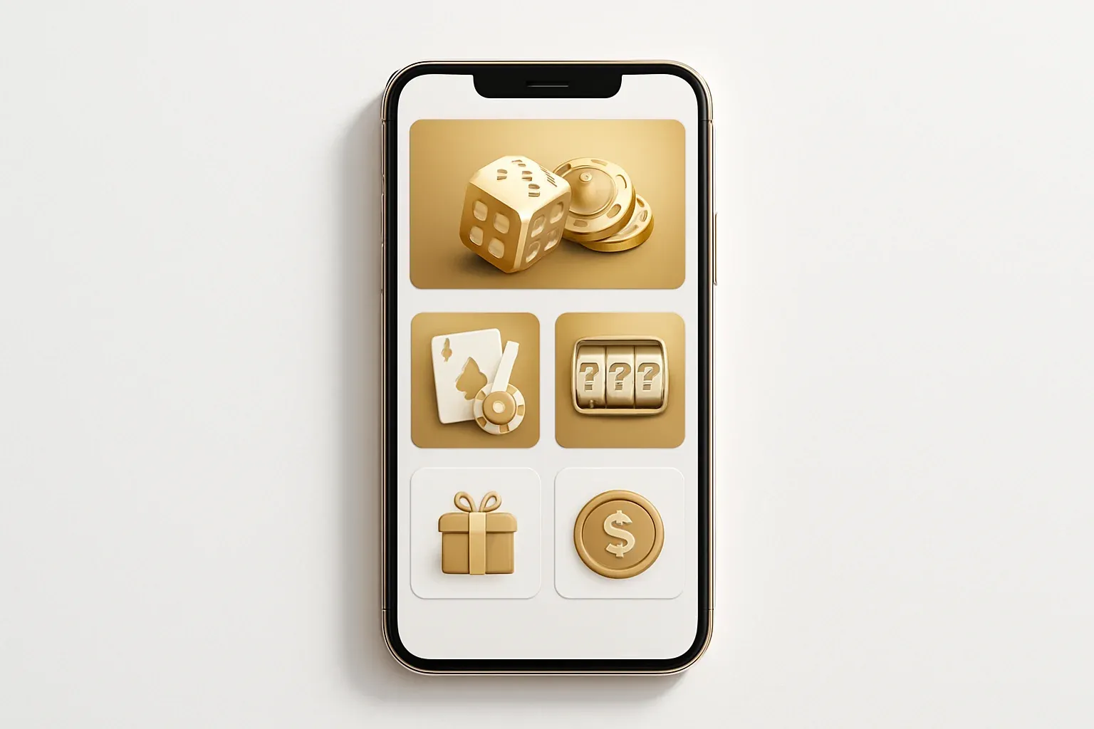 Casino App Interface Modern smartphone displaying sleek casino app games and bonuses on white background