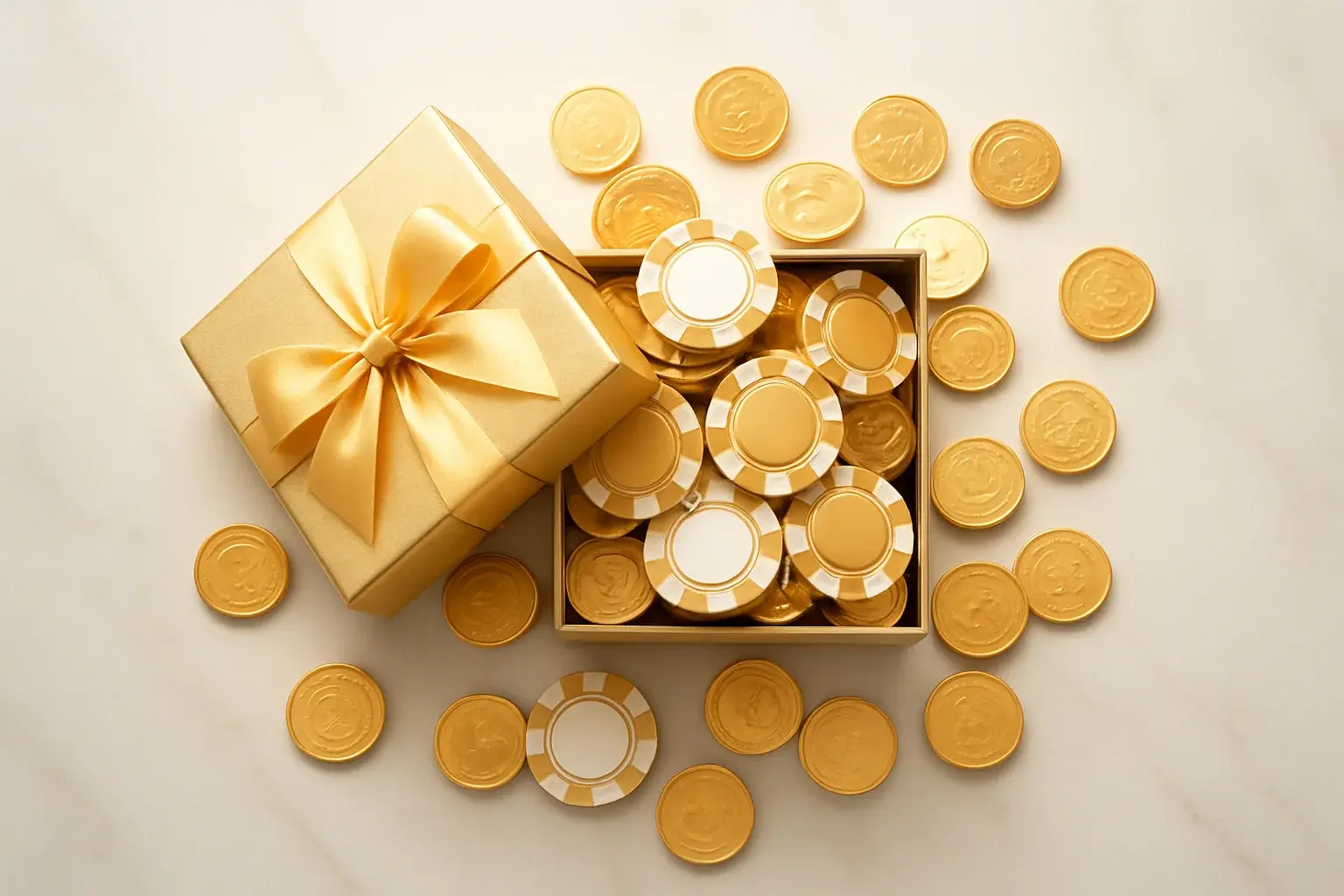 Golden Casino Bonus Box Golden gift box overflowing with poker chips and gold coins
