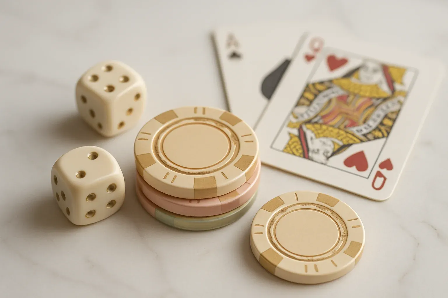 Luxury Casino Review Elegant casino chips, cards, and dice on white marble with gold accents