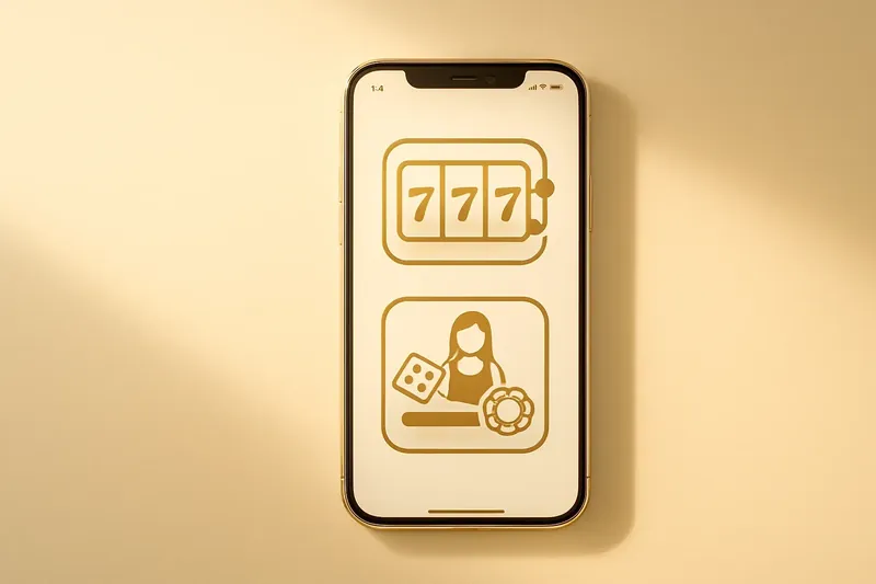 Mobile phone displaying casino app with slots and live games