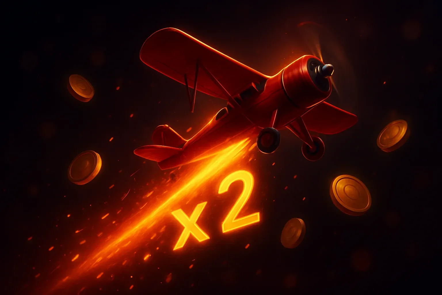 Aviator Crash Game Scene Small red airplane climbing with glowing multiplier trail, coins, sparks, neon accents