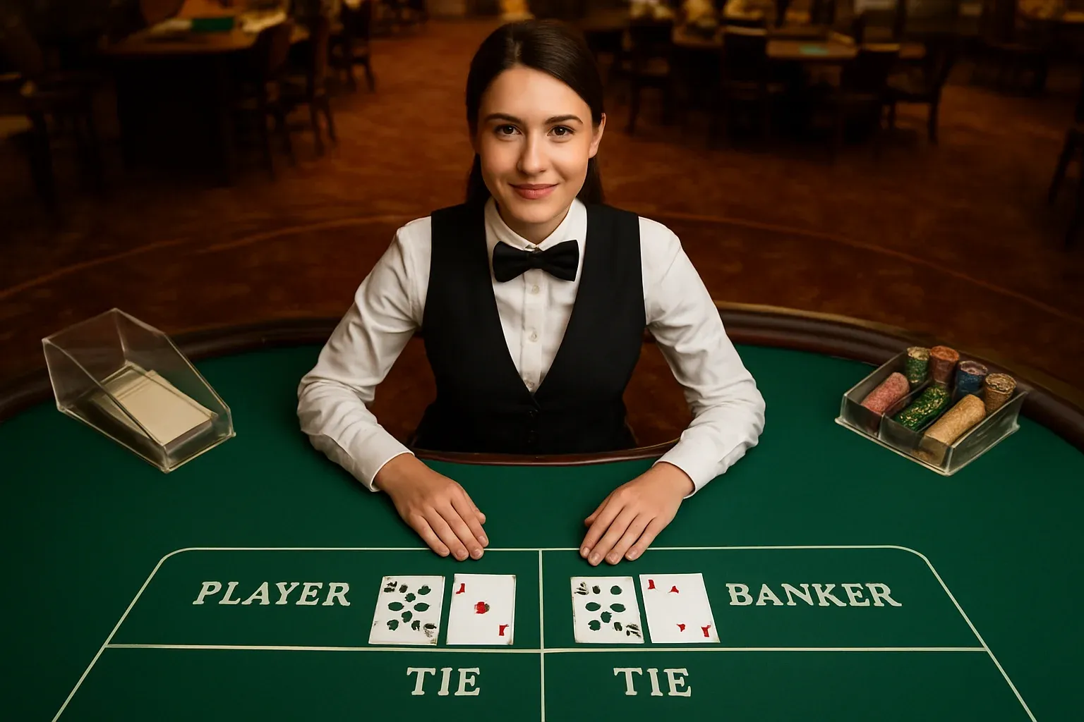 Professional female dealer at elegant live baccarat table with green felt