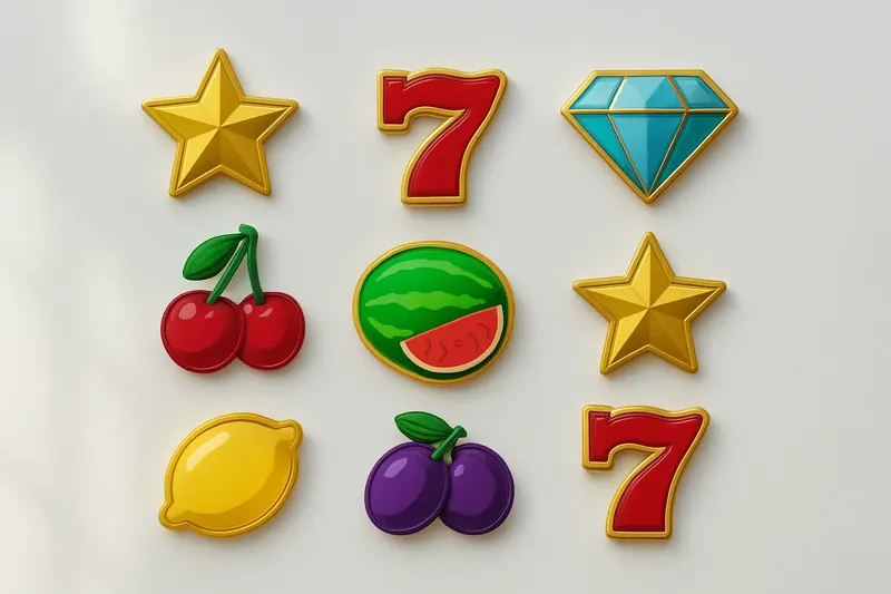 Assorted casino slot icons with fruit, diamonds, lucky sevens, and stars