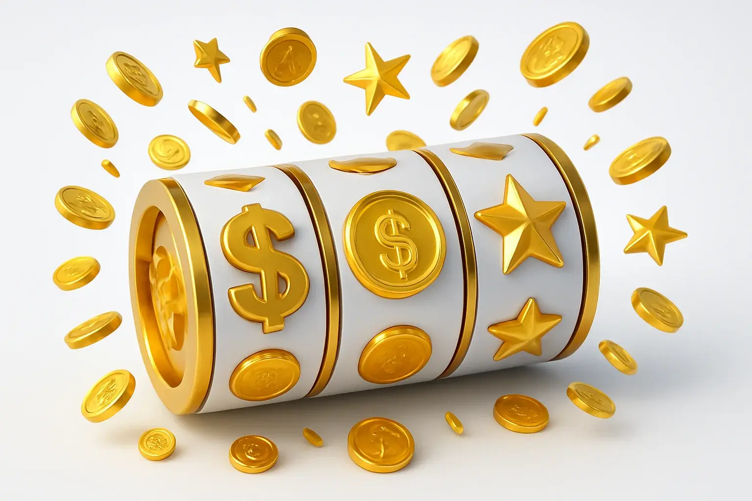 Winning Slot Reels Colorful casino slot reels with gold symbols, coins, and stars bursting